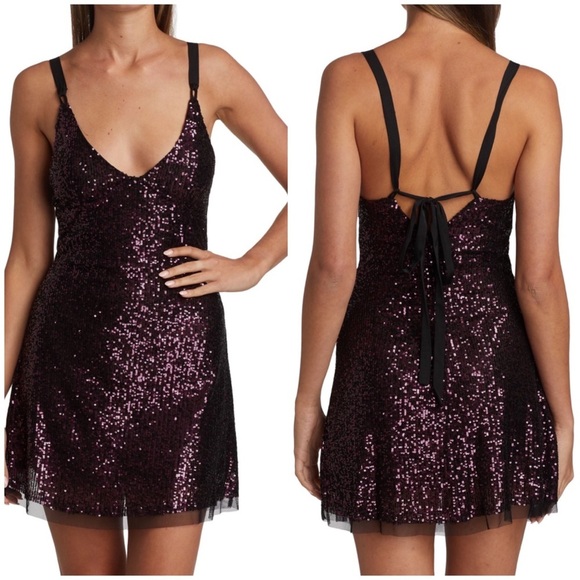 Free People Maroon Plum Gold Rush Sequin Mini Strappy Back Slip Dress - Picture 1 of 6